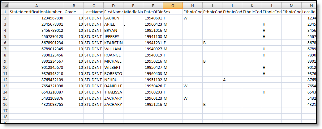 Screenshot of an example of the Pre-ID EOC Biology Report in CSV format.
