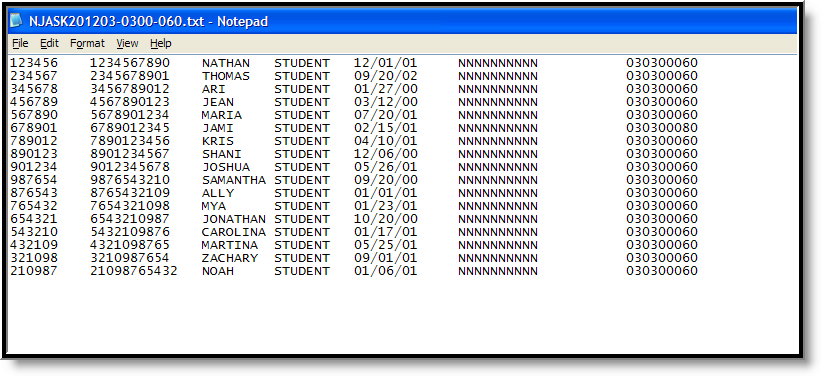 Screenshot of an example of the Pre-ID NJASK report in fixed width format.