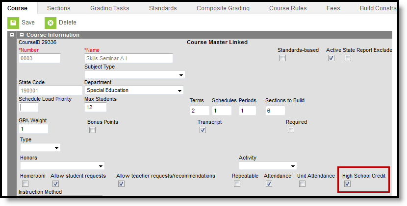 Screenshot of the High School Credit checkbox on the Course editor page.