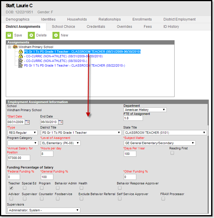 Screenshot of Viewing the Employment Assignment Editor.