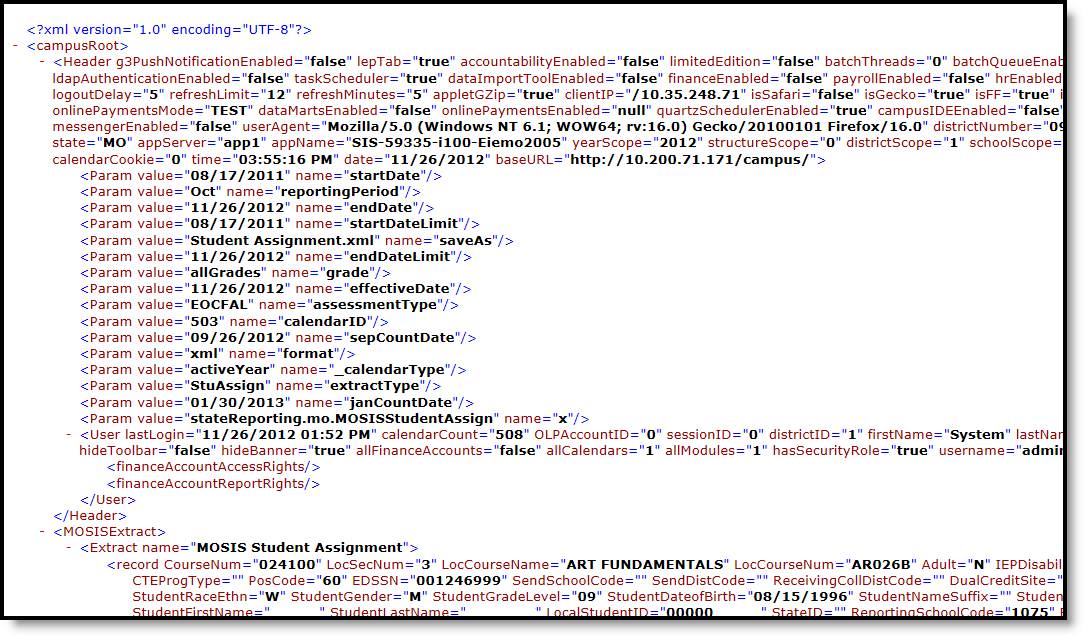 Screenshot of an XML report example.