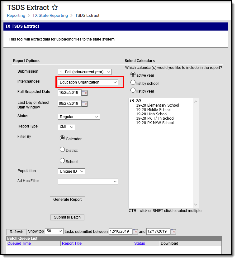 Screenshot of the TSDS Extract editor with the Education Organization Interchange option selected.