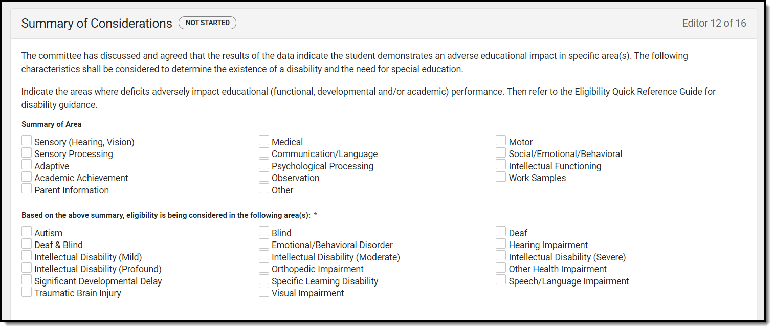 Screenshot of the summary of considerations editor.