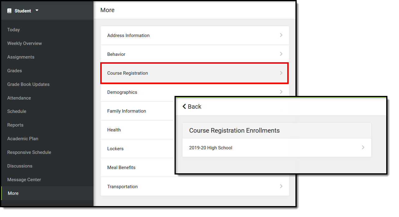 Screenshot of the Course Registration Enrollment Selection.