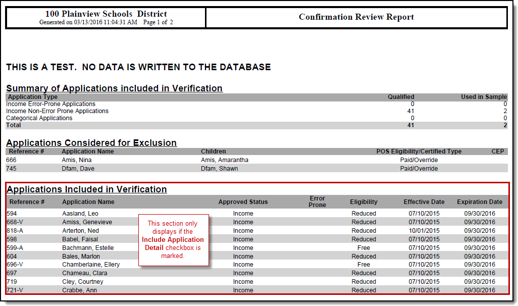 Screenshot of the Confirmation Review Report with the Include Application Detail option selected.