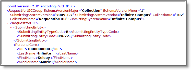 Screenshot of an example of the MSDS Request for UIC report in State format (XML). 