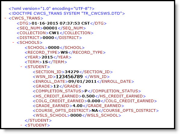 Screenshot of the CWCS Student Extract in State Format (XML).