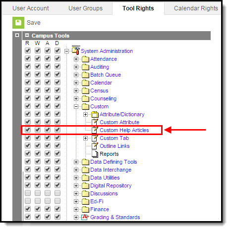 Screenshot of Custom Help Articles Tool Rights