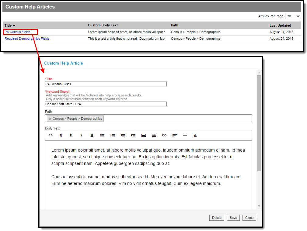 Screenshot of Modifying a Custom Help Article