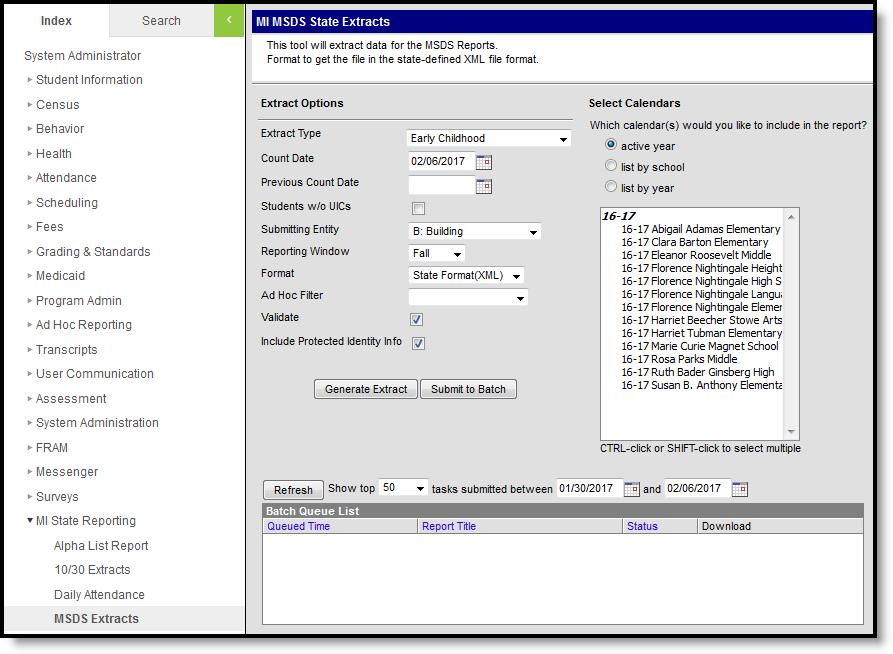 Screenshot of the MSDS early childhood extract editor.