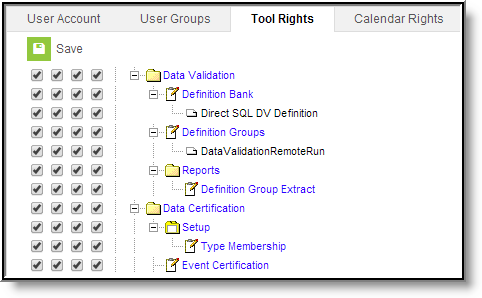 Screenshot of data integrity tools tool rights