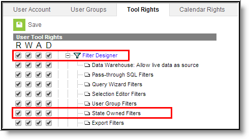 Screenshot of filter designer tool rights