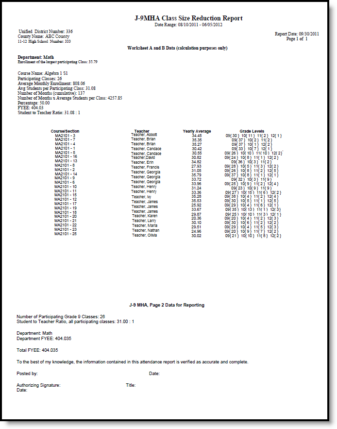Screenshot of an example of the J-9 MHA Enrollment Report.