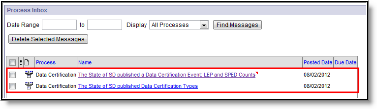 Screenshot of the notification of the Data Certification Event.