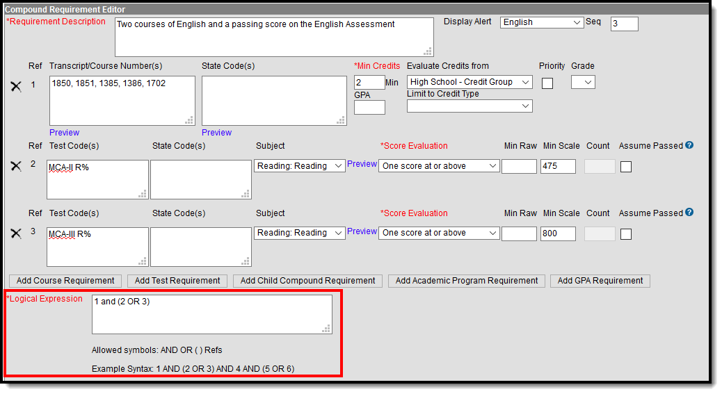 Screenshot of the Logical Expressions entry on the Compound Requirements editor.
