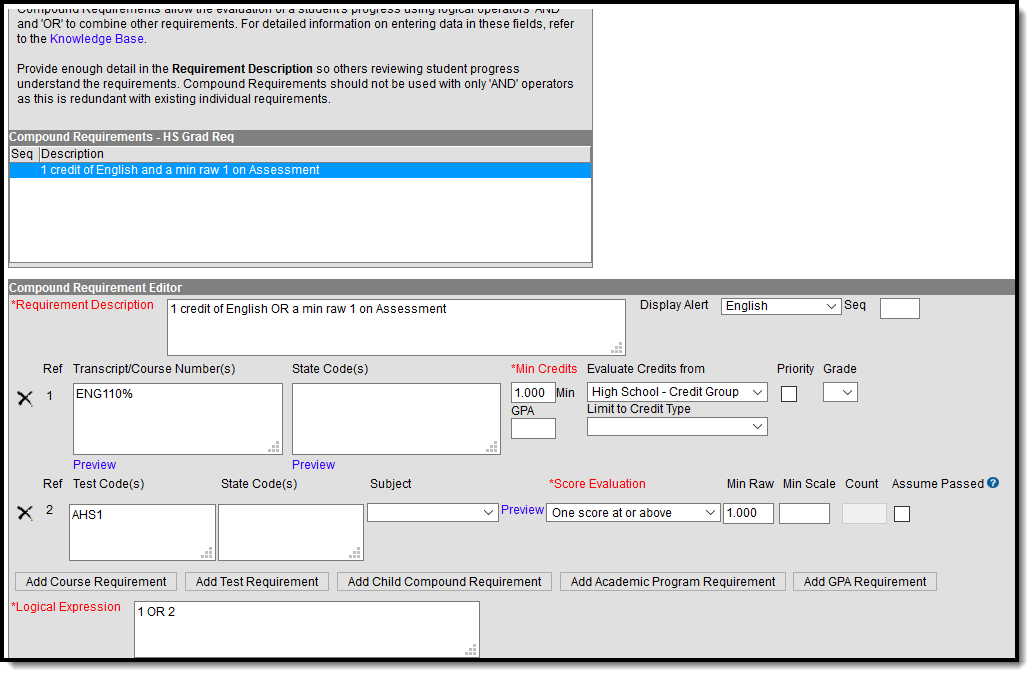 Screenshot of the compound requirements editor for opting out of course or test requirement