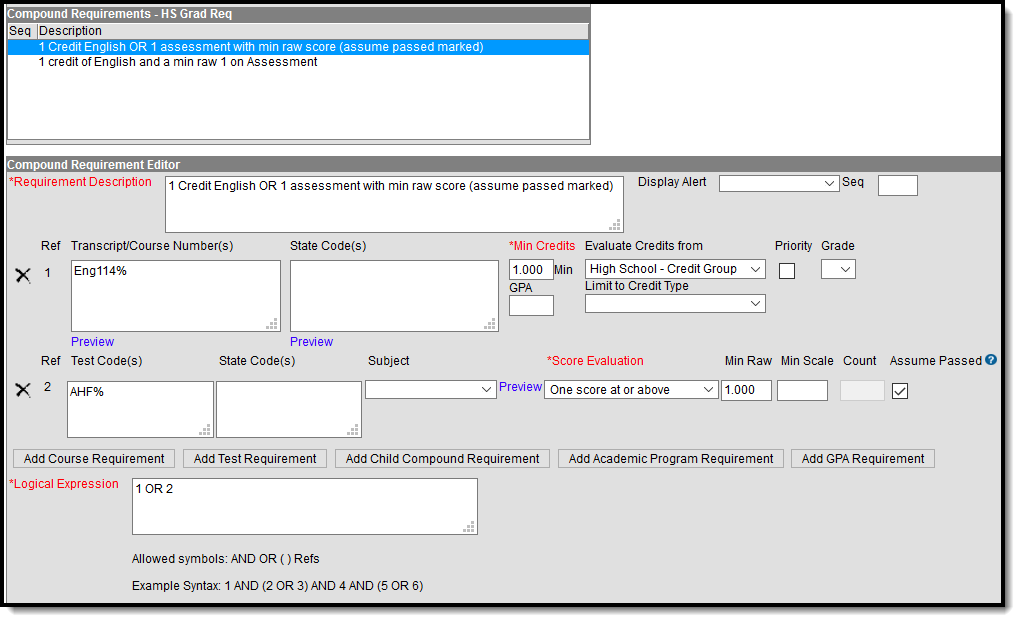 Screenshot of the Compound Requirements editor for ESL student usage, for example