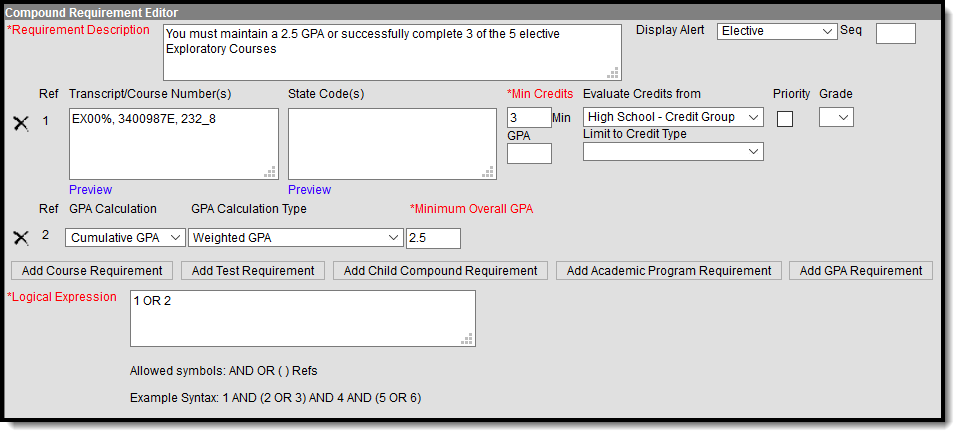 Screenshot of the Compound Course Requirements for any value of GPA requirement