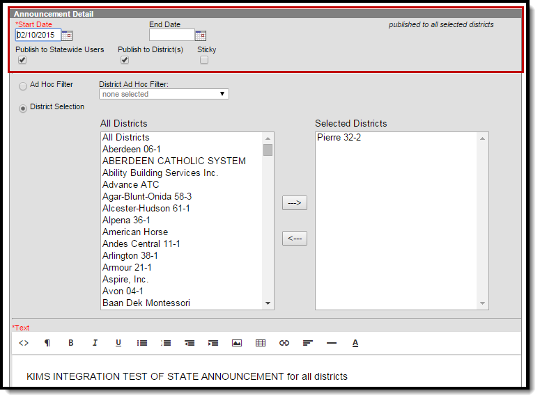 screenshot of the announcements detail editor and available fields