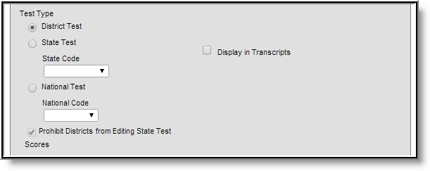 Screenshot of the Test Type section on the Test Details editor.