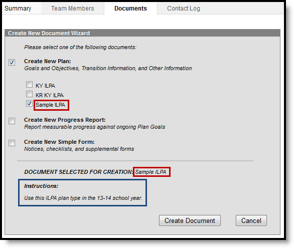 Screenshot of the Instruction text displayed on the ILPA New Document Wizard on the ILPA Documents tool.