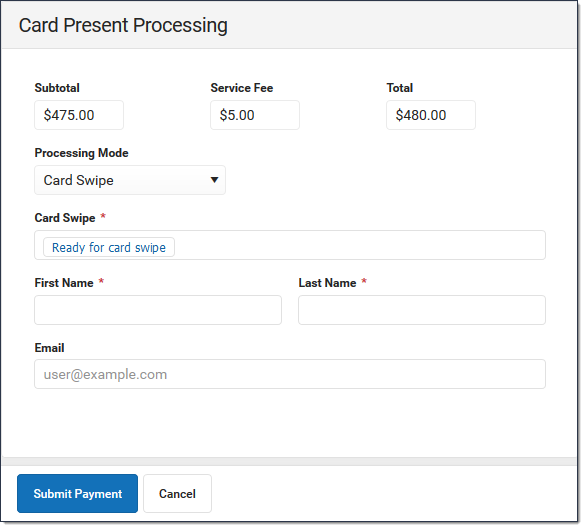 Screenshot of the Card Present Processing window after the Make Payment button has been clicked.