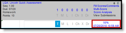 Screenshot of a row in the grade book with the auto-calculated score of a quiz highlighted. 