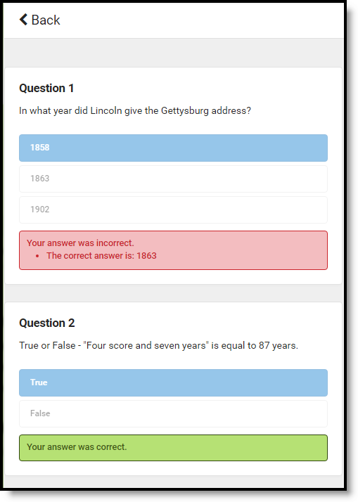 Screenshot showing correct and incorrect answers in a quiz.