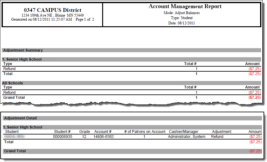Screenshot of the Account Management Report after a refund adjustment was made to a student’s account.