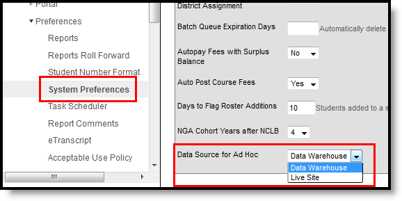 Screenshot of the Data Source for Ad hoc System Preference