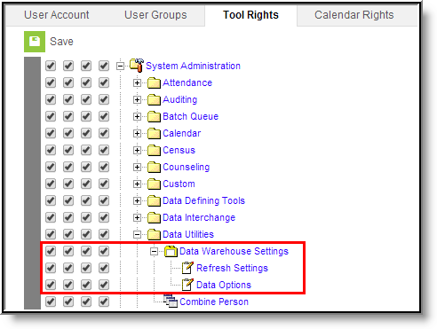 Screenshot of the tool rights options for Data Warehouse Settings.