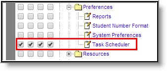 Screenshot of the tool rights options for Task Scheduler.