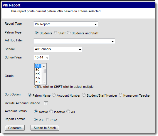 Screenshot of the report editor with a report type of PIN Report selected. 