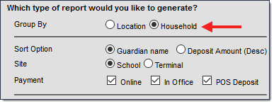 Screenshot showing the sorting and grouping options when Household is selected.