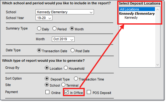 Screenshot when the Payment option is set to In Office and the deposit locations display.