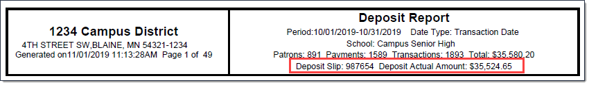 Screenshot of the Deposit Report’s header when the option Snapshot for Deposit Slip is selected. 
