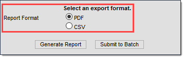 Screenshot of the report format options of PDF and CSV.