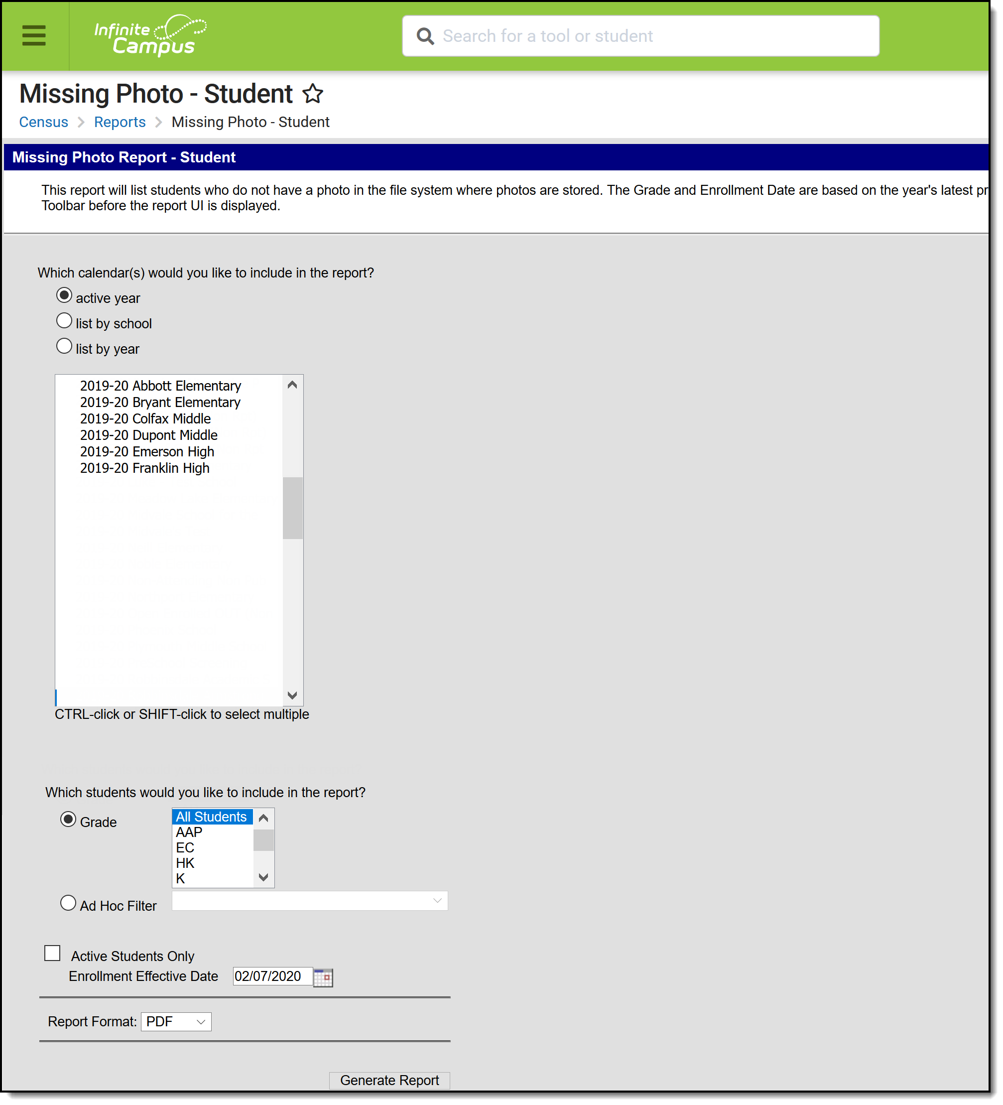 Screenshot of the Missing Photo Student report editor.