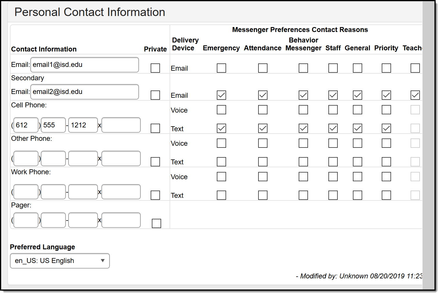 Screenshot of personal contact information editor