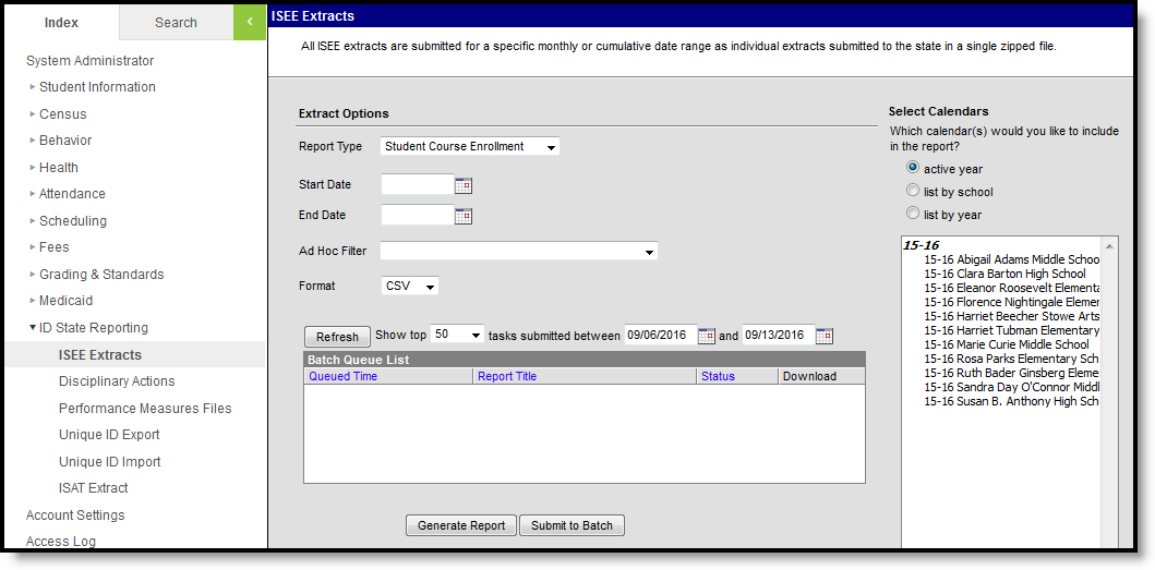Screenshot of the Student Course Enrollment ISEE extract editor.