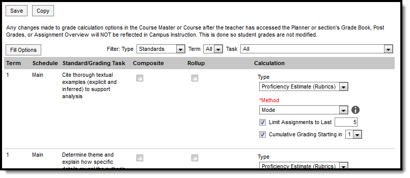 Image of the Grade Calc Options tool