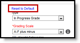 Screenshot highlighting the Reset to Default option that displays when course-level options are no longer synced with the course master. 