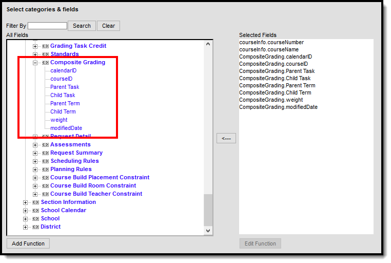 Screenshot highlighting the Composite Grading fields in an Ad hoc query.
