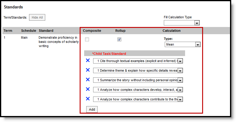 Screenshot highlighting a standard with rollup grading setup, the Rollup checkbox marked and child standards selected. 