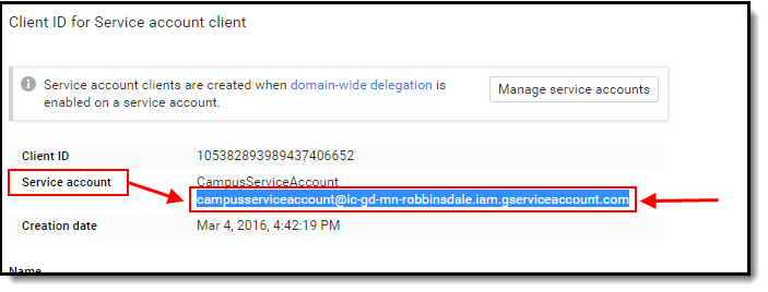 Screenshot highlighting the service account in google. 