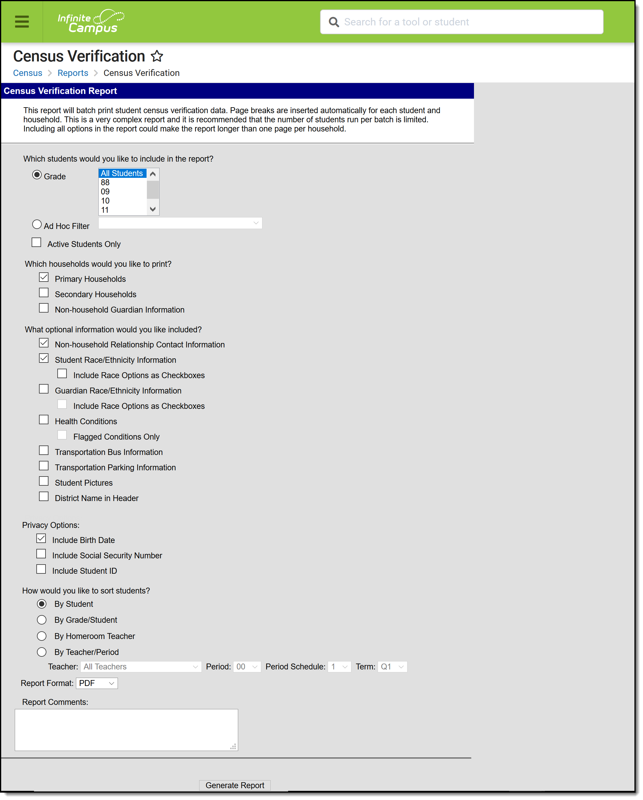 Screenshot of the Census Verification Report tool.