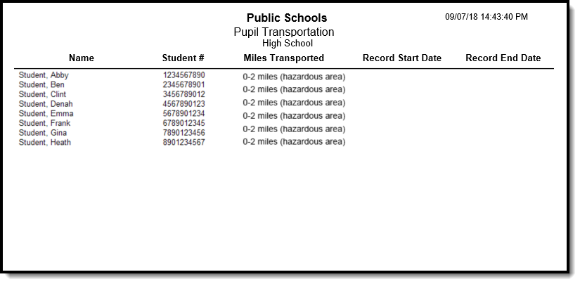Screenshot of Pupil Transportation Extract in Detail Format.