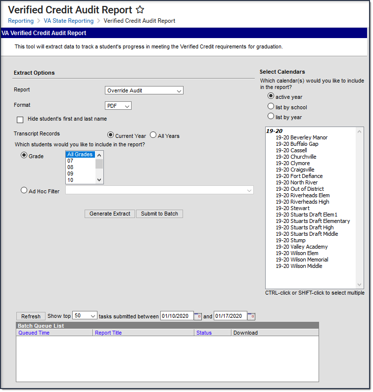 Screenshot of the Override Audit extract editor.