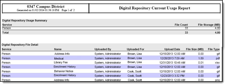 Screenshot of a generated Digital Repository Current Usage Report in HTML format.