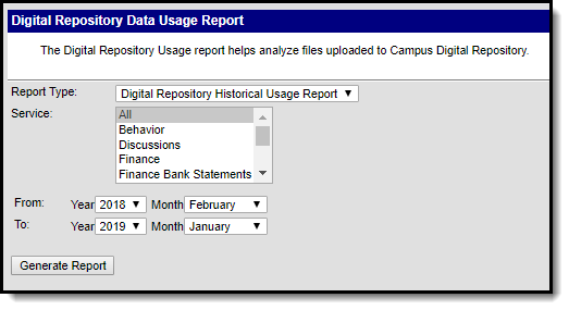 Screenshot of the Digital Repository Historical Usage Report selected in the Report Type field.